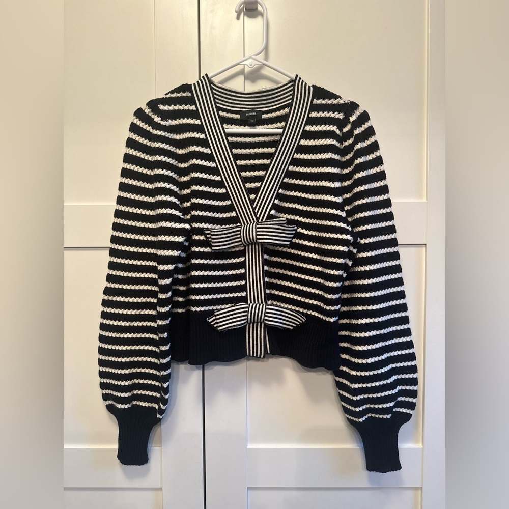 Express Striped Black And White Bow Cardigan Sweater Size Medium